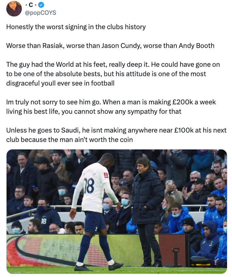 A tweet by @popCOYS reacting to Tanguy Ndombele's Tottenham exit in 2024