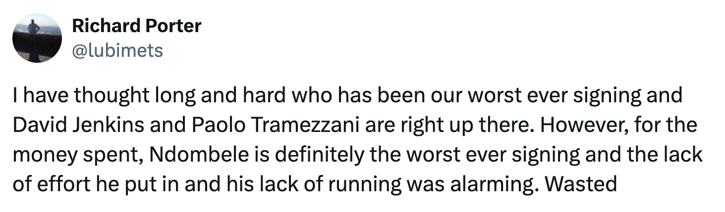 A tweet by Richard Porter about A tweet by Flav Bateman about Tanguy Ndombele