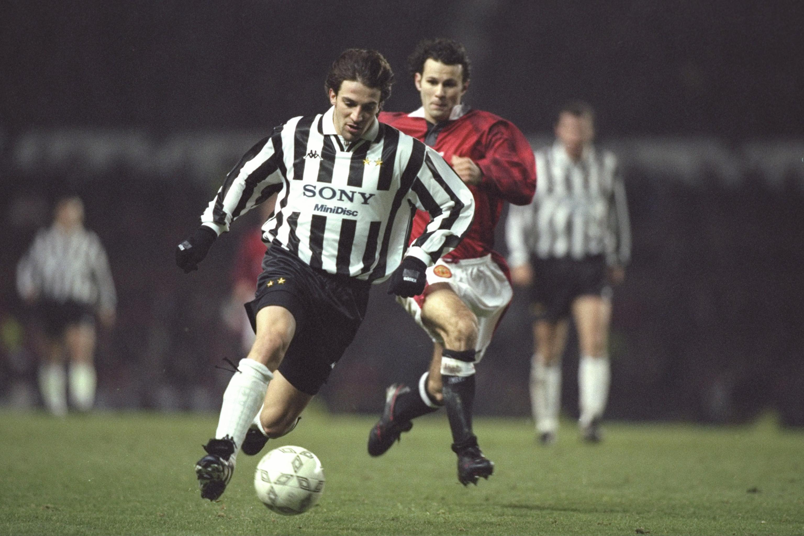 20 Nov 1996: Alessandro Del Piero of Juventus in action, on the ball, as Ryan Giggs of United gives chase (background) during the champions league match between Manchester United and Juventus at Old Trafford, Manchester. Juventus won 0-1. Mandatory Credit: Graham Chadwick/Allsport