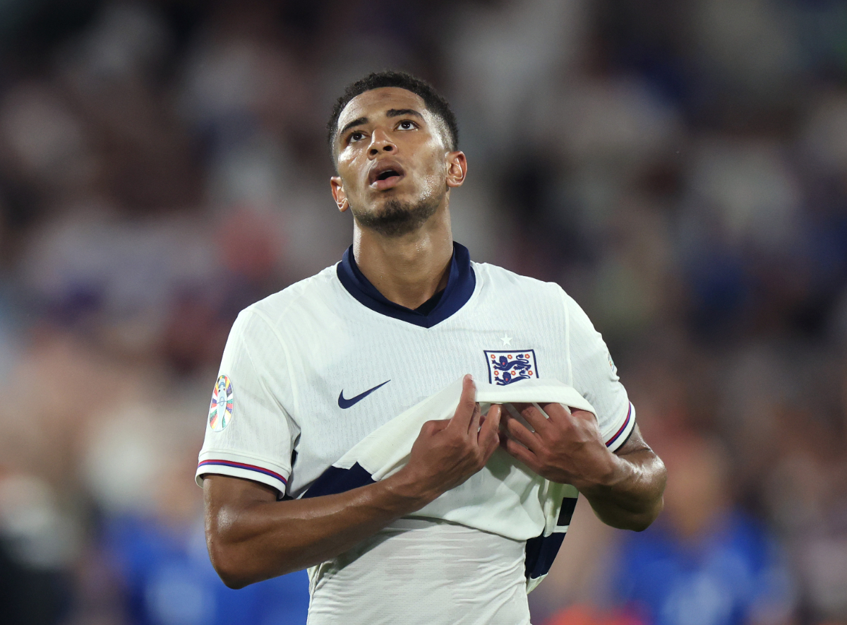 Jude Bellingham of England reacts after the UEFA EURO 2024 group stage match between England and Slovenia at Cologne Stadium on June 25, 2024 in Cologne, Germany.