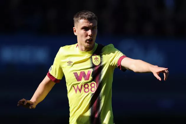 Maxime Esteve of Burnley points during the Premier League match between Everton FC and Burnley FC at Goodison Park on April 06, 2024