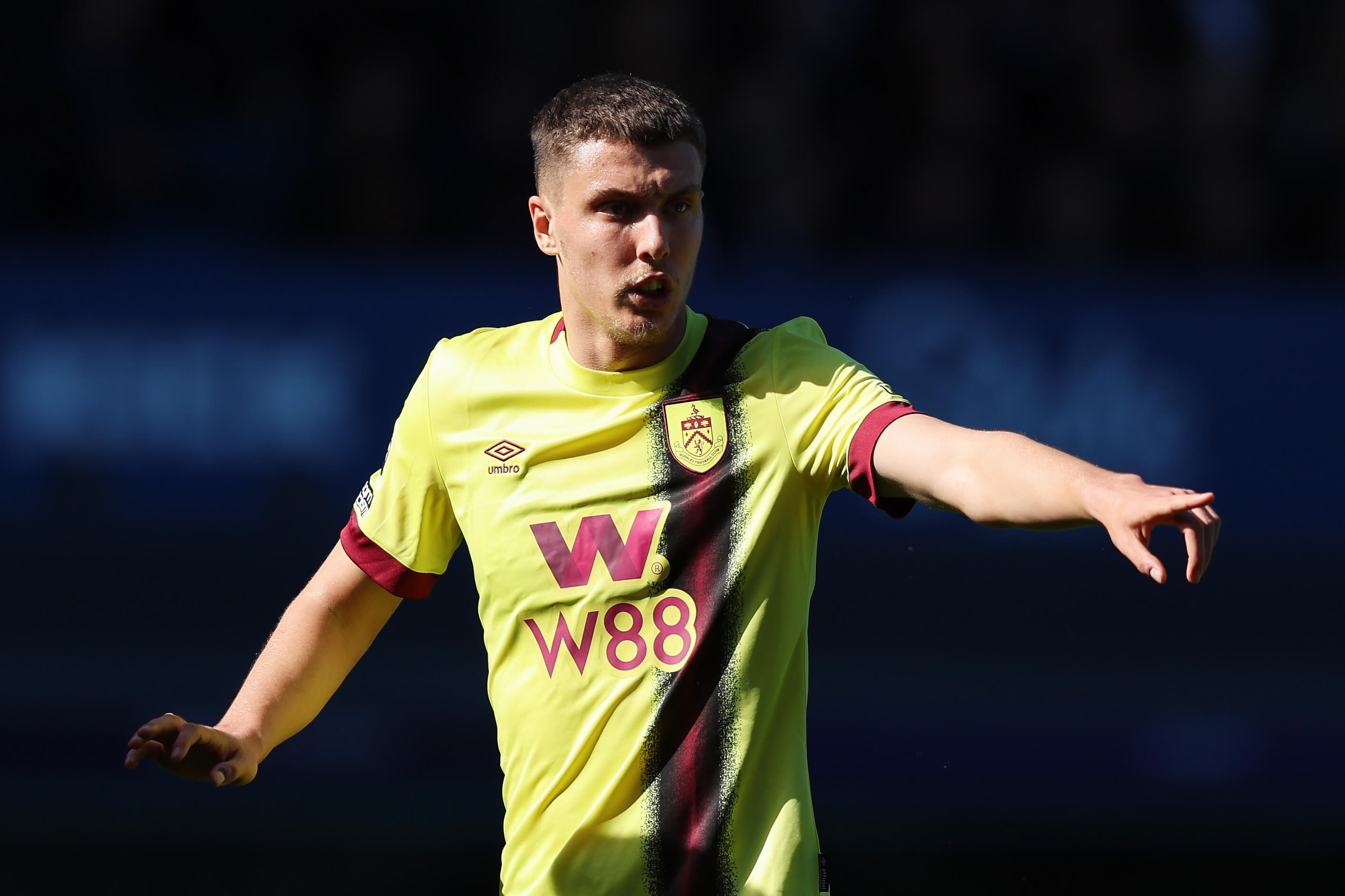 Maxime Esteve of Burnley points during the Premier League match between Everton FC and Burnley FC at Goodison Park on April 06, 2024