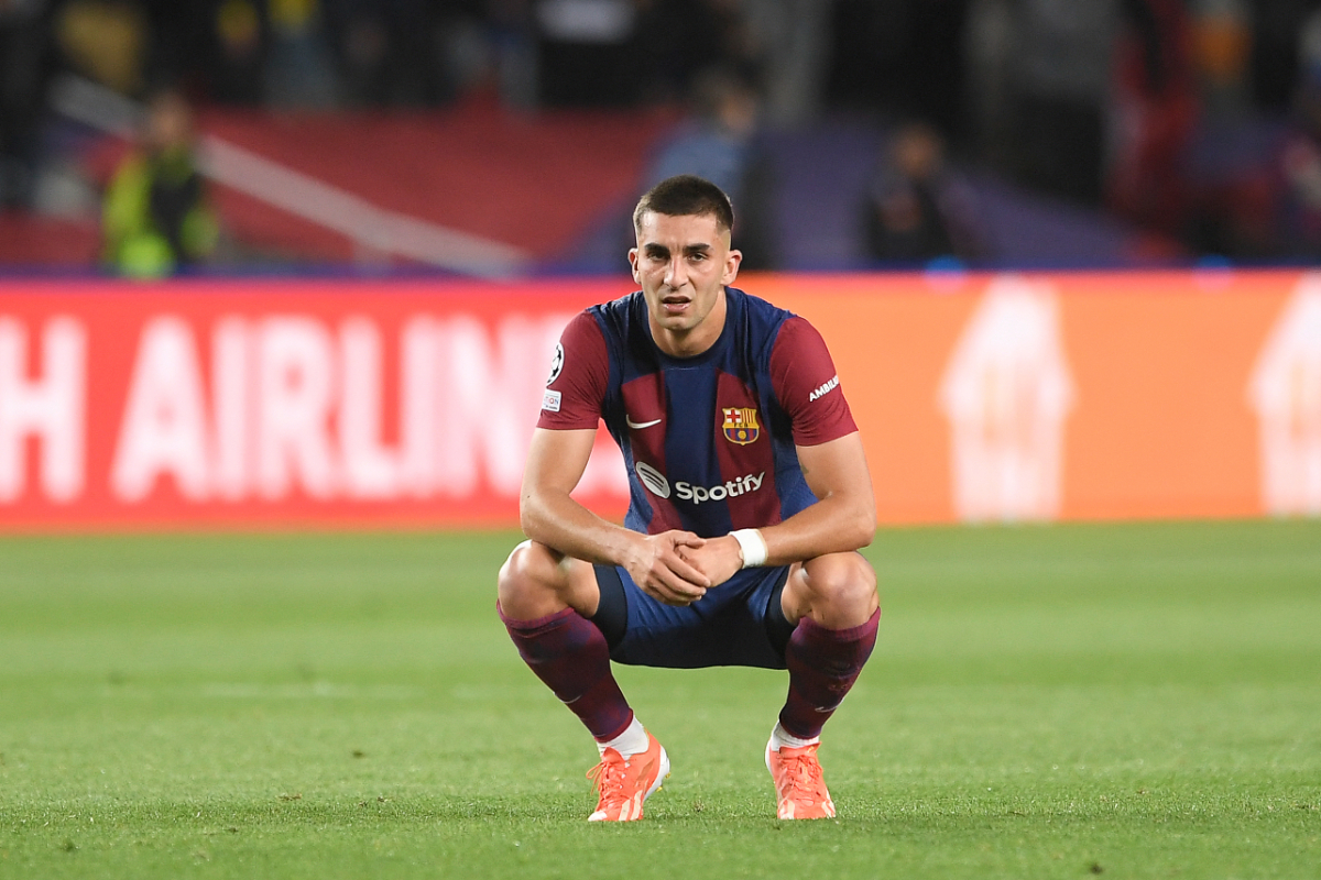 Barcelona's Spanish forward #07 Ferran Torres reacts at the end of the UEFA Champions League quarter-final second leg football match between FC Barcelona and Paris SG at the Estadi Olimpic Lluis Companys in Barcelona on April 16, 2024.