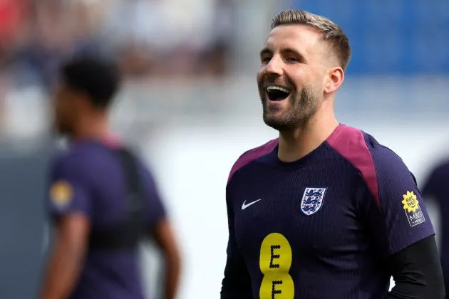 Luke Shaw pictured during an England training session at Euro 2024