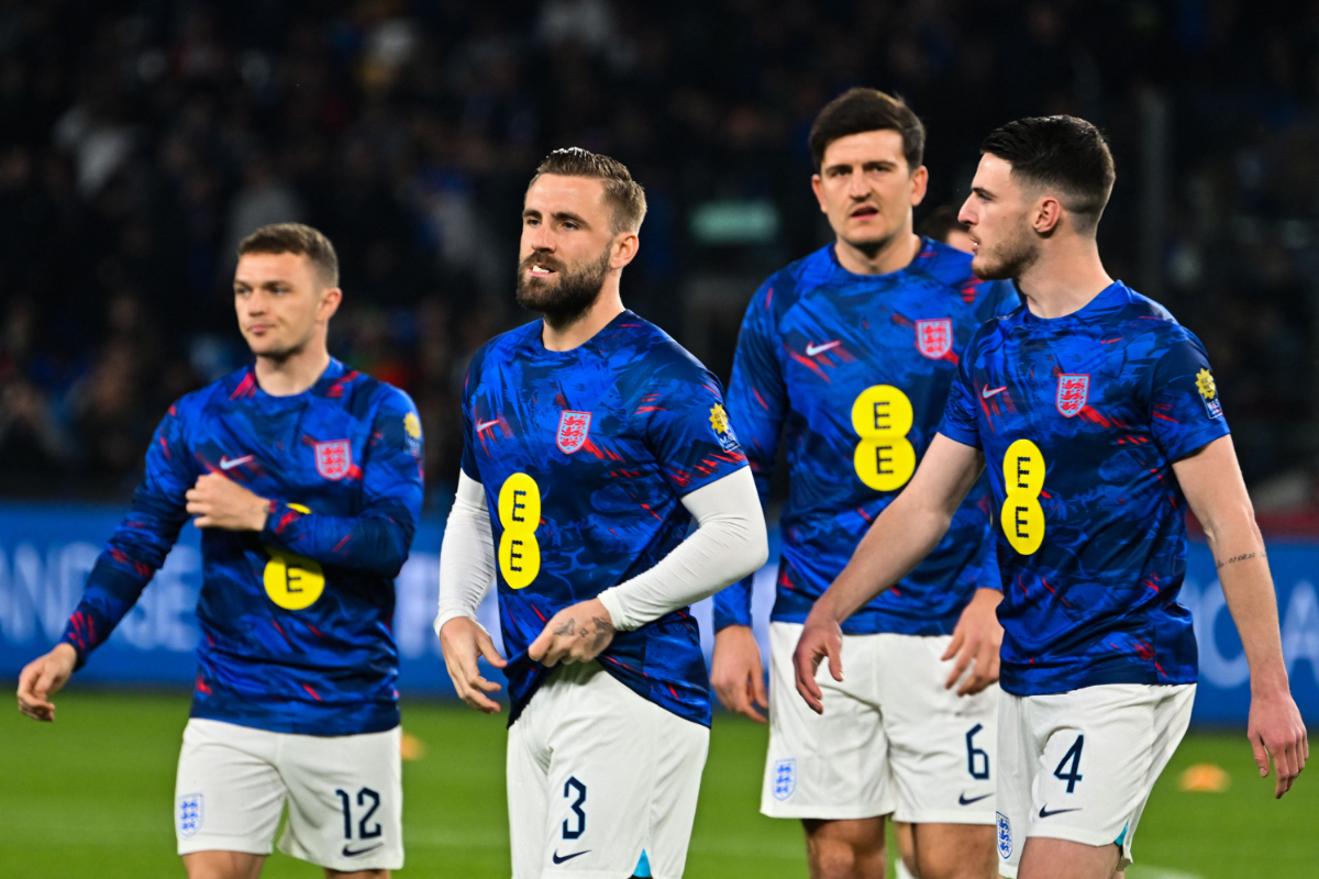 England's defender Kieran Trippier, England's defender Luke Shaw, England's defender Harry Maguire and England's midfielder Declan Rice warm up prior to the UEFA Euro 2024 Group C qualification match between Italy and England, on March 23, 2023.