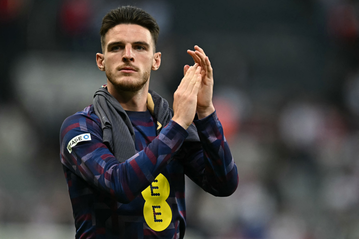 Declan Rice applauds the fans following the International friendly football match between England and Bosnia-Herzegovina at St James' Park in Newcastle-upon-Tyne, north east England on June 3, 2024.