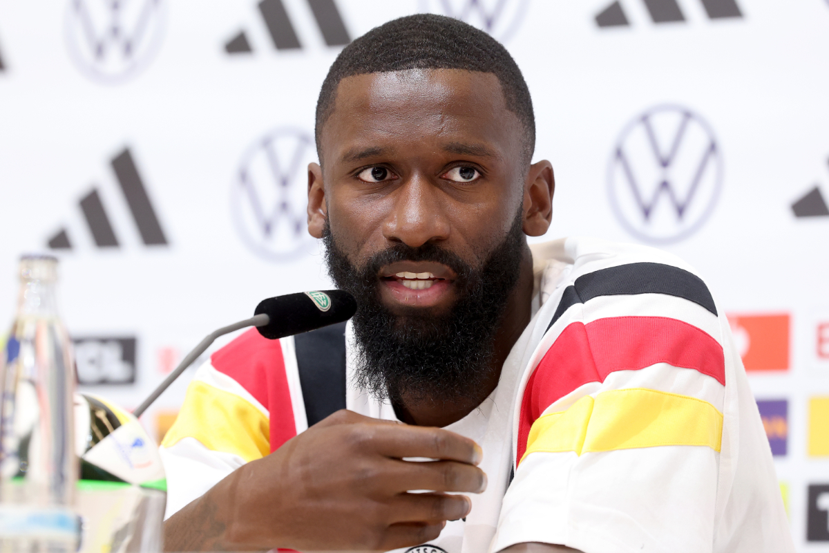Antonio Rüdiger of Germany talks to the media during a press conference at DFB Medienzentrum on day four of the training camp at DFB-Mediacenter Herzo Base on June 05, 2024