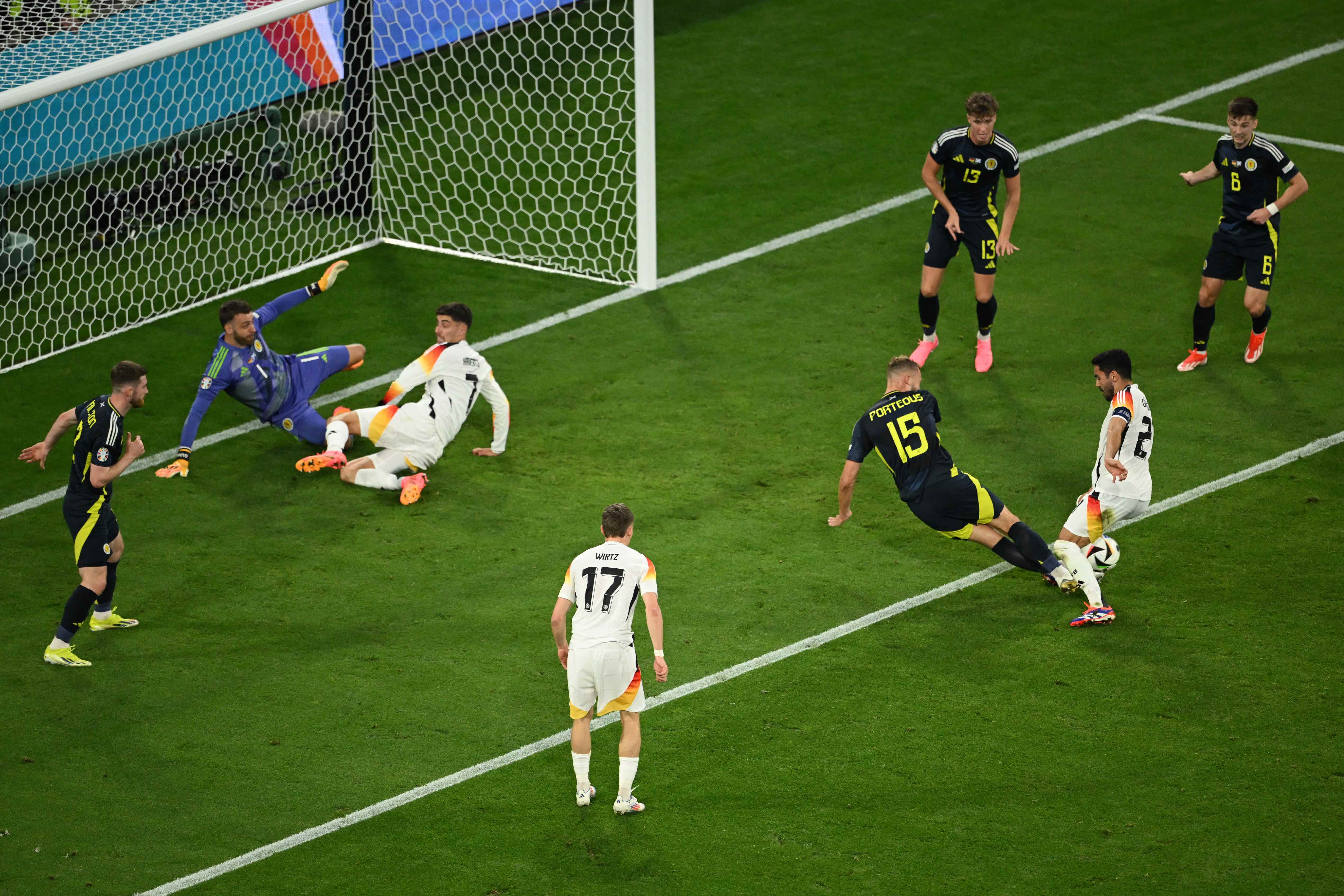 Ryan Porteous (no.15) pictured fouling Ilkay Gundogan moments before he was shown a red card in Scotland's Euro 2024 defeat by Germany in June 2024