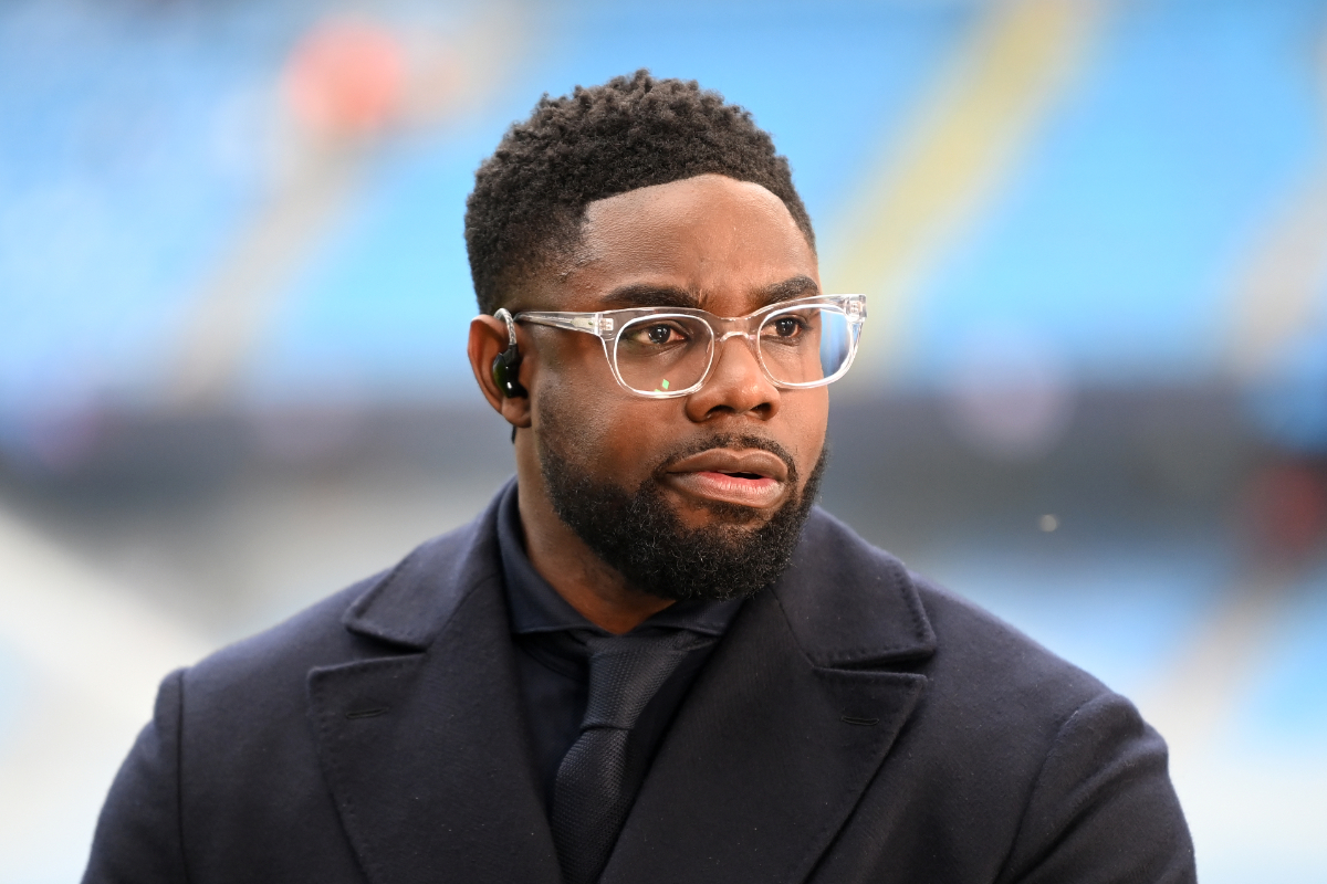 Micah Richards, former Manchester City player looks on prior to the UEFA Champions League semi-final second leg match between Manchester City FC and Real Madrid at Etihad Stadium on May 17, 2023 in Manchester, England.