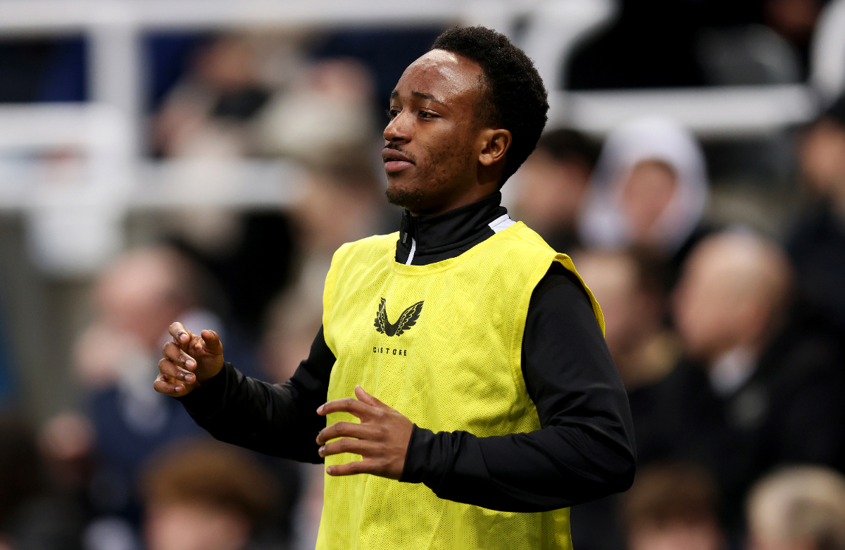Amadou Diallo of Newcastle United warms up during the Premier League match between Newcastle United and Everton FC at St. James Park on April 02, 2024.