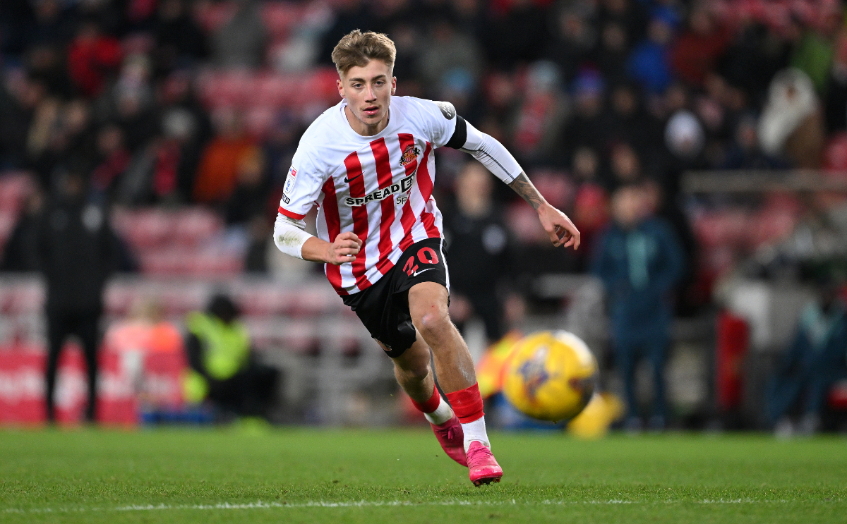 Sunderland player Jack Clarke in action during the Sky Bet Championship match between Sunderland and Huddersfield Town at Stadium of Light on November 29, 2023 in Sunderland, England.