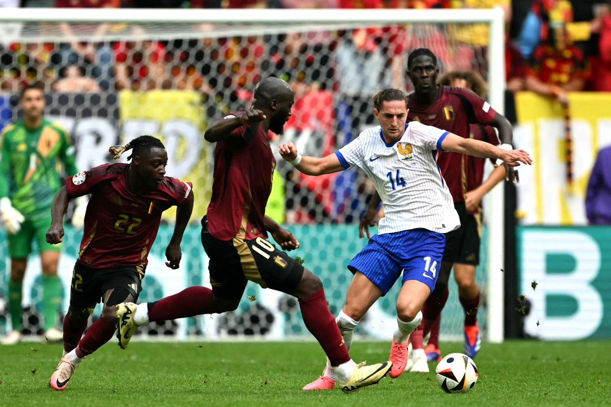 France's Adrien Rabiot has picked up a yellow vs Belgium