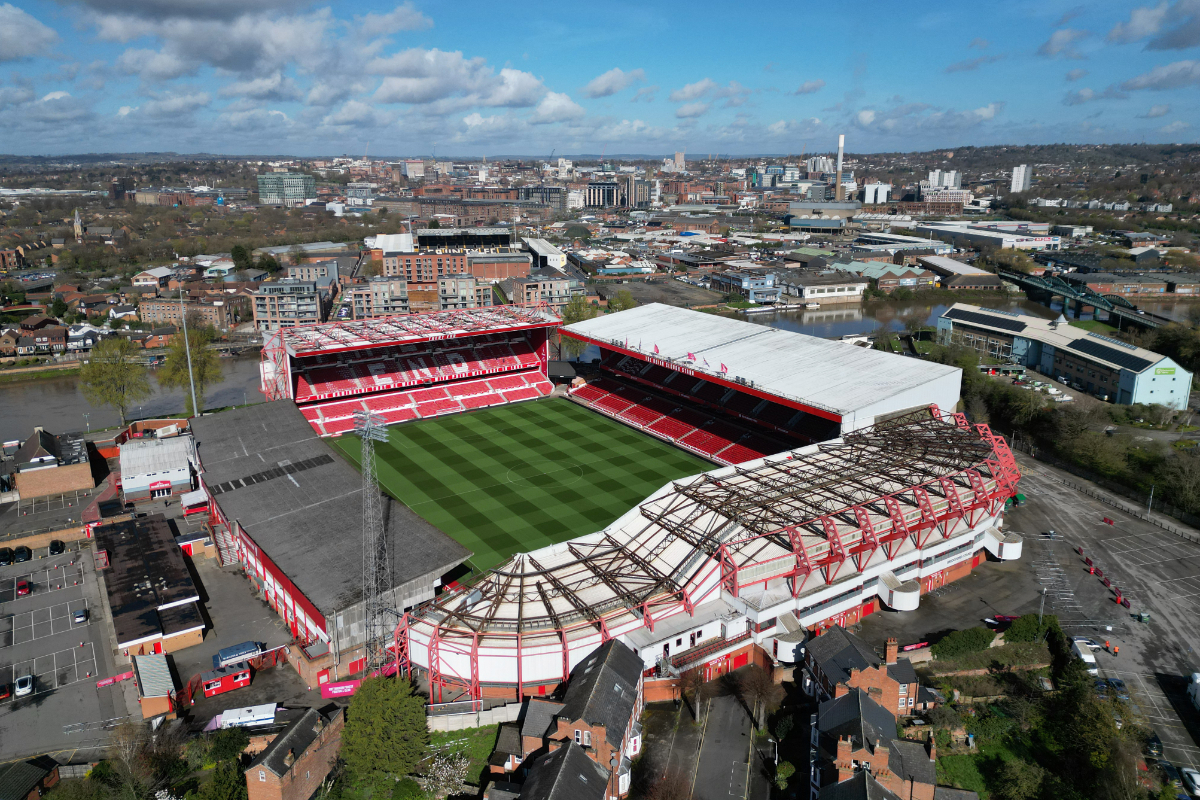An aerial view shows the City Ground in the spring sunshine ahead of the English Premier League football match between Nottingham Forest and Crystal Palace at The City Ground in Nottingham, central England, on March 30, 2024. An aerial view shows the City Ground in the spring sunshine ahead of the English Premier League football match between Nottingham Forest and Crystal Palace at The City Ground in Nottingham, central England, on March 30, 2024.