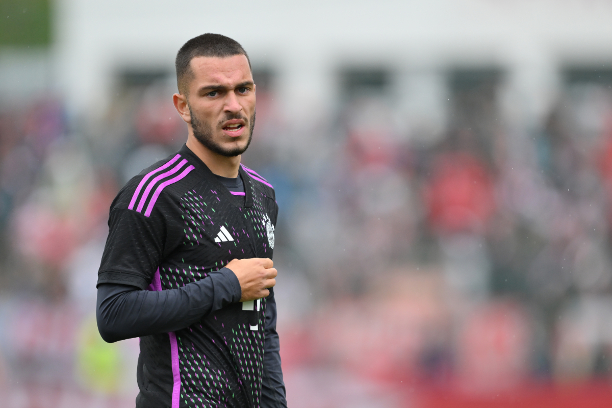 Arijon Ibrahimovic of FC Bayern München looks on during the pre-season friendly match between FC Bayern München and AS Monaco at Sportpark Unterhaching on August 07, 2023 in Unterhaching, Germany.