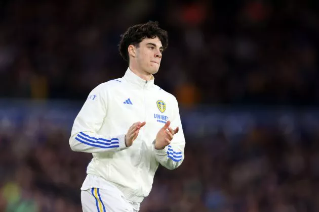 Archie Gray of Leeds United applauds the fans prior to the Sky Bet Championship match between Leeds United and Sunderland at Elland Road on April 09, 2024 in Leeds, England.