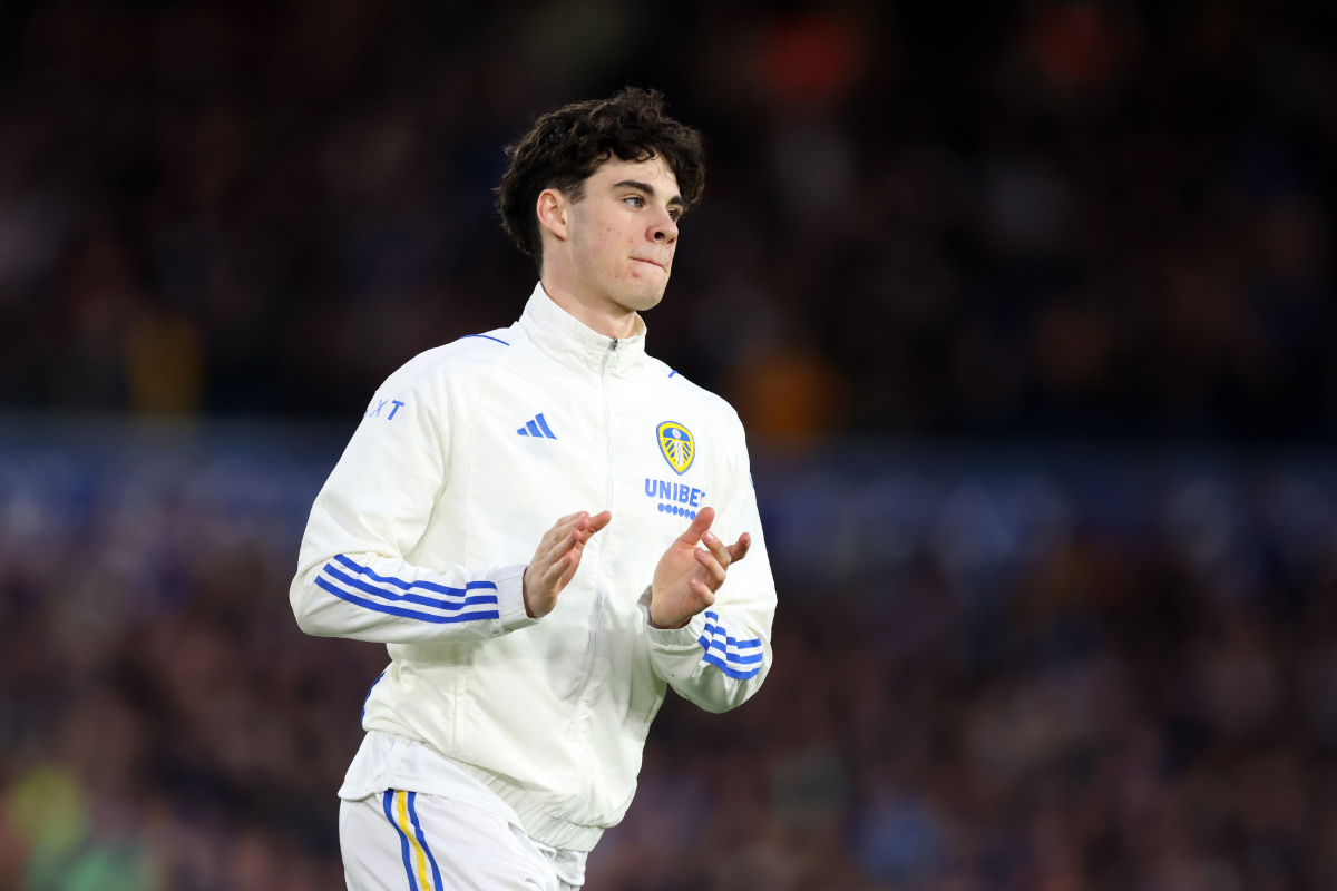 Archie Gray of Leeds United applauds the fans prior to the Sky Bet Championship match between Leeds United and Sunderland at Elland Road on April 09, 2024 in Leeds, England.