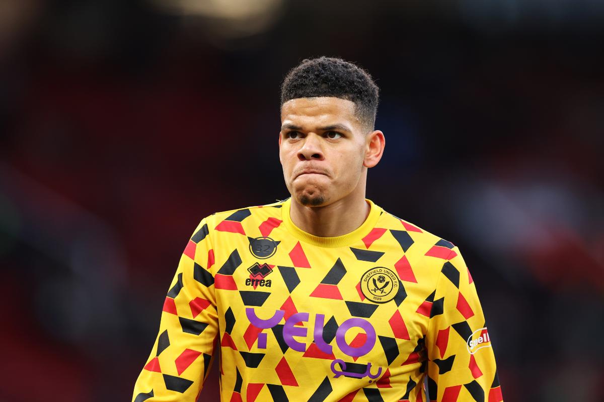 William Osula of Sheffield United warms up prior to the Premier League match between Manchester United and Sheffield United at Old Trafford on April 24, 2024 in Manchester, England.