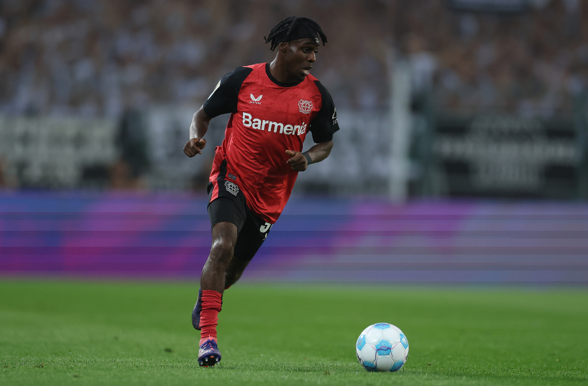 Man United and Man City have an eye on Bayer Leverkusen's Jeremie Frimpong. (Photo by Lars Baron/Getty Images)