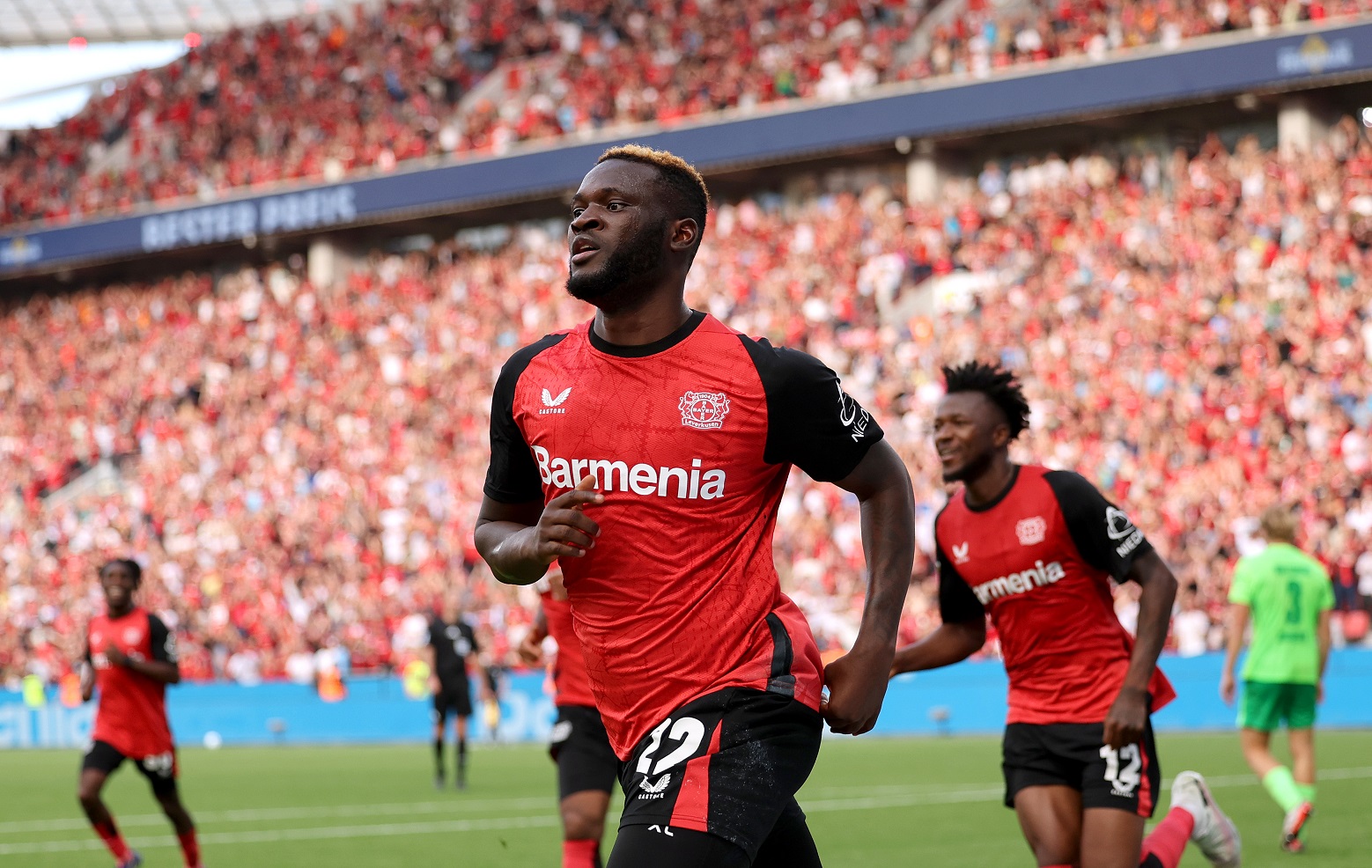 Bayer Leverkusen striker Victor Boniface in action