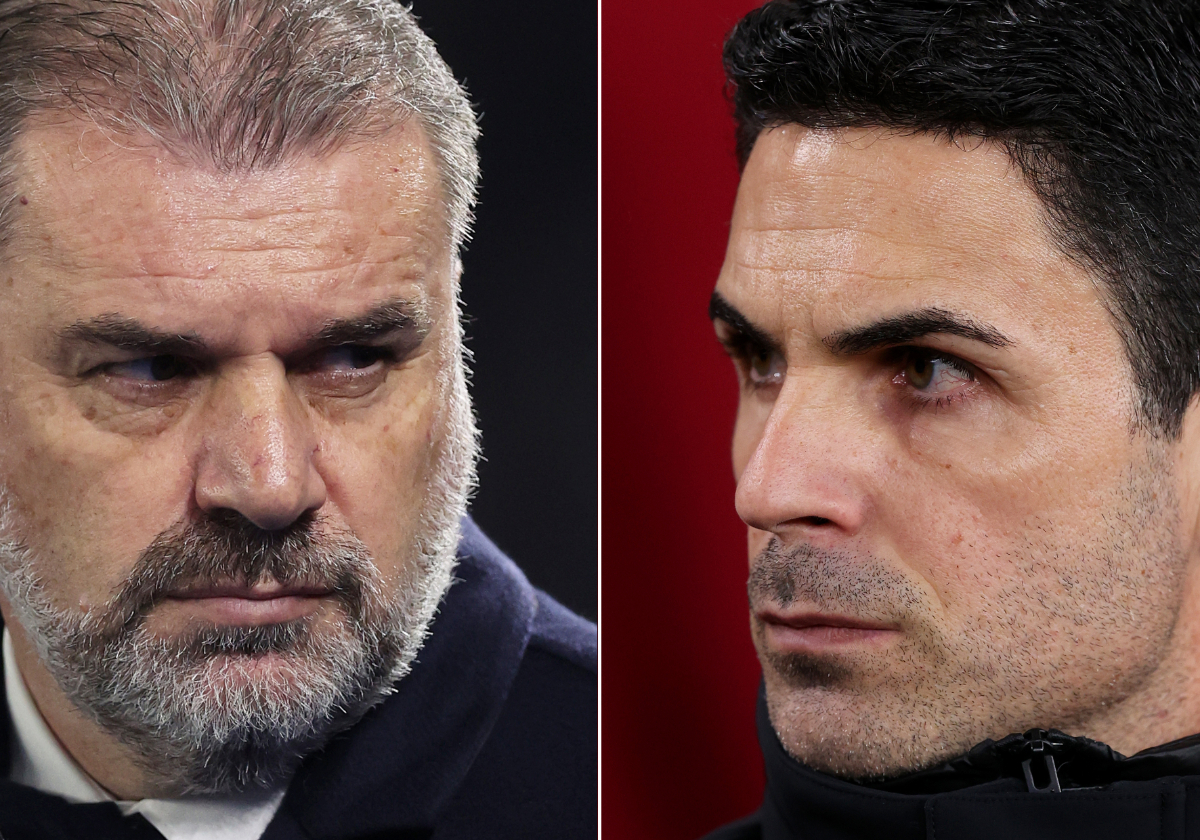 Image numbers 1890279471,2079003239) In this composite image a comparison has been made between Ange Postecoglou, Manager of Tottenham Hotspur (L) and Mikel Arteta, Manager of Arsenal. Tottenham Hotspur FC and Arsenal FC meet in a Premier League match at Tottenham Hotspur Stadium on September 15, 2024 in London, England. ***LEFT IMAGE*** BRIGHTON, ENGLAND – DECEMBER 28: Ange Postecoglou, Manager of Tottenham Hotspur, looks on prior to the Premier League match between Brighton & Hove Albion and Tottenham Hotspur at American Express Community Stadium on December 28, 2023 in Brighton, England. ***RIGHT IMAGE*** Mikel Arteta, Manager of Arsenal, looks on prior to the UEFA Champions League 2023/24 round of 16 second leg match between Arsenal FC and FC Porto at Emirates Stadium on March 12, 2024 in London, England. (Photo by Julian Finney/Getty Images)