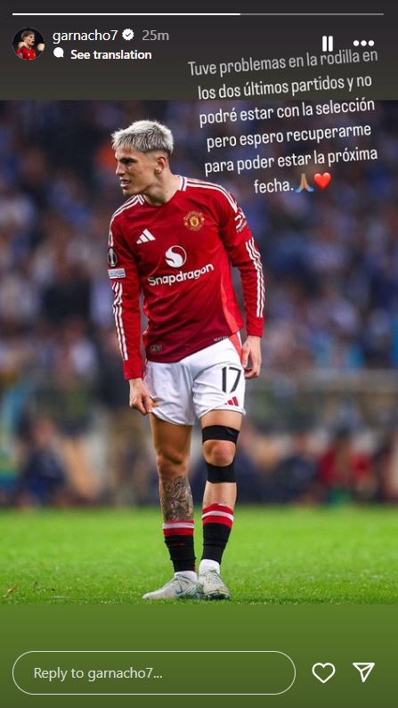Alejandro Garnacho Instagram injury post Alejandro Garnacho's injury update on Instagram