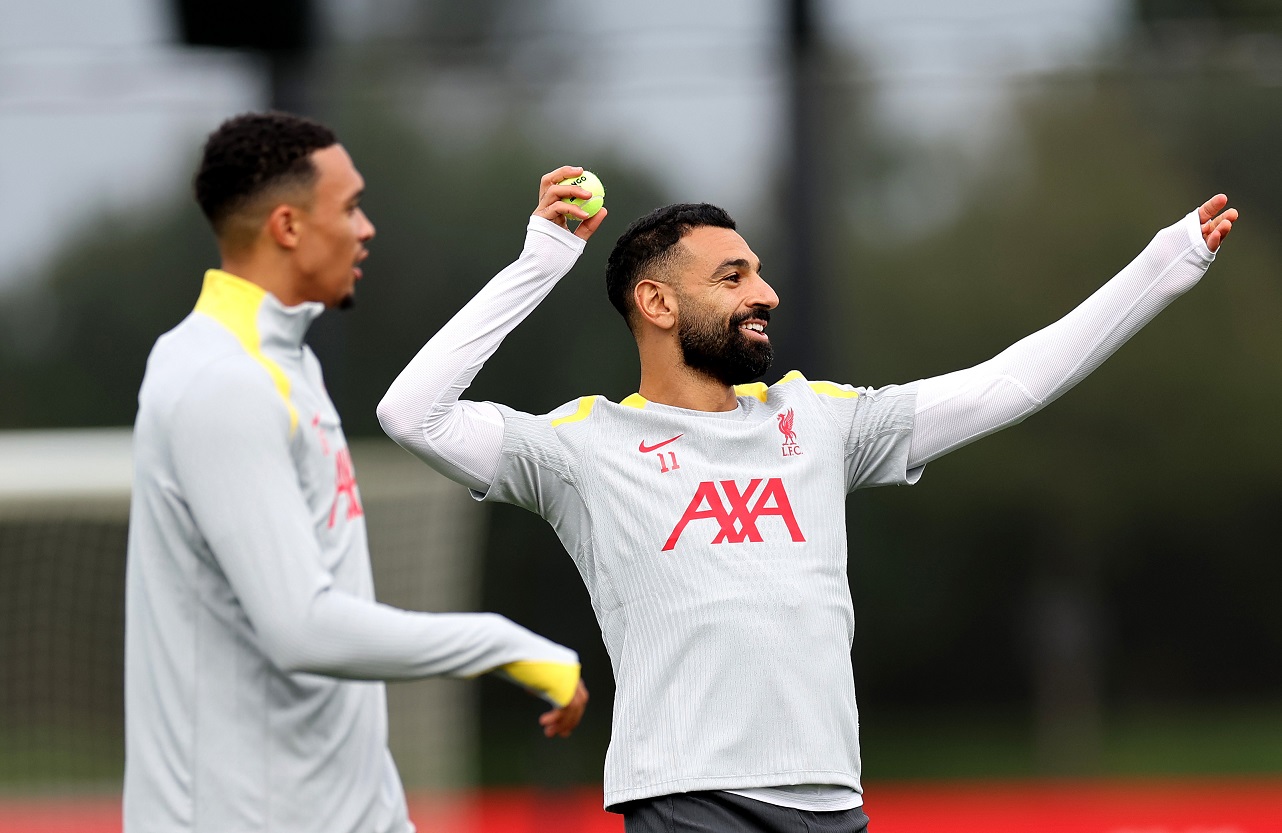 Mohamed Salah and Trent Alexander-Arnold in Liverpool training Liverpool players Mohamed Salah and Trent Alexander-Arnold