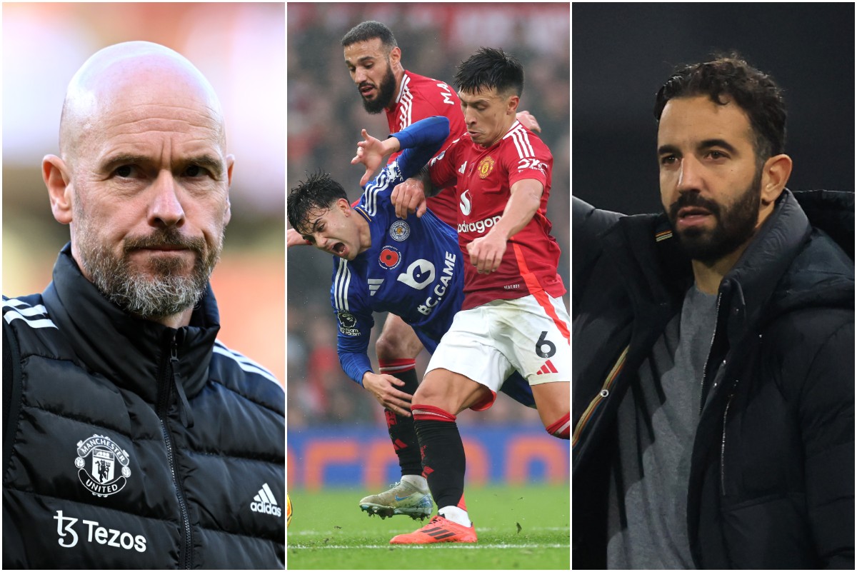 Erik ten Hag, Noussair Mazraoui and Ruben Amorim
