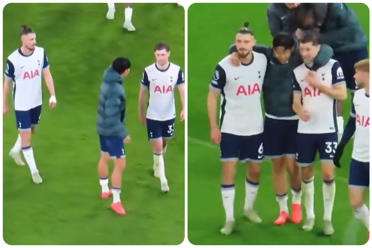 Son celebrates Tottenham win with teammates.