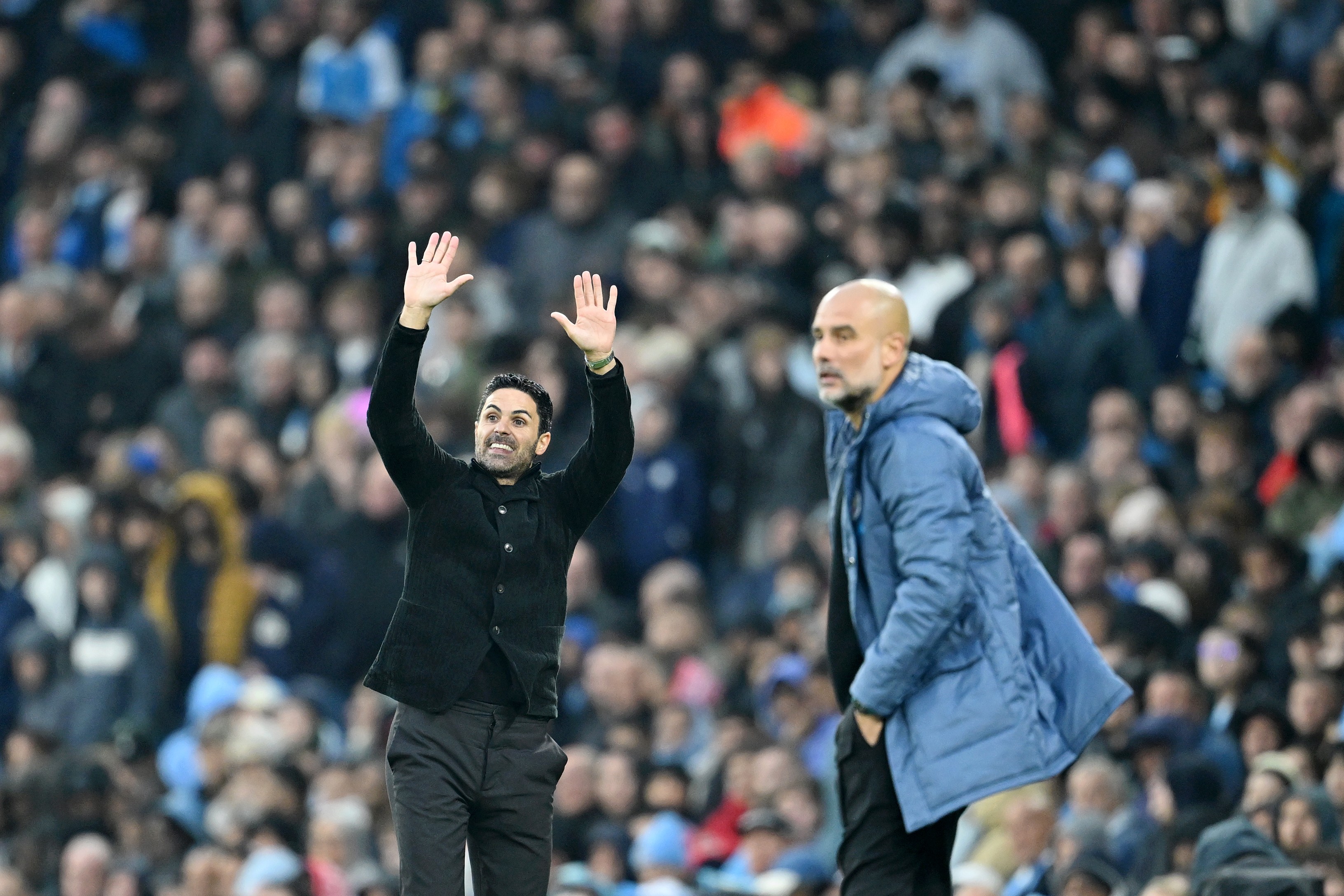 Mikel Arteta, Manager of Arsenal, reacts