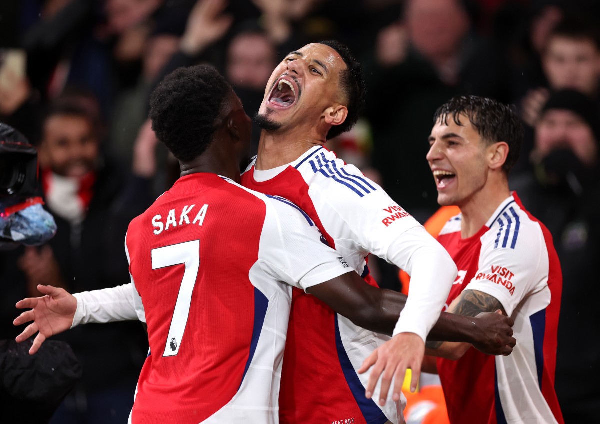 William Saliba celebrates scoring for Arsenal against Manchester United
