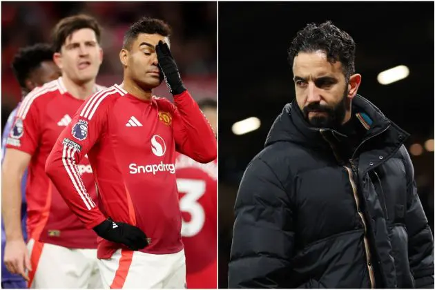 Casemiro and Ruben Amorim react during Man United's defeat to Newcastle