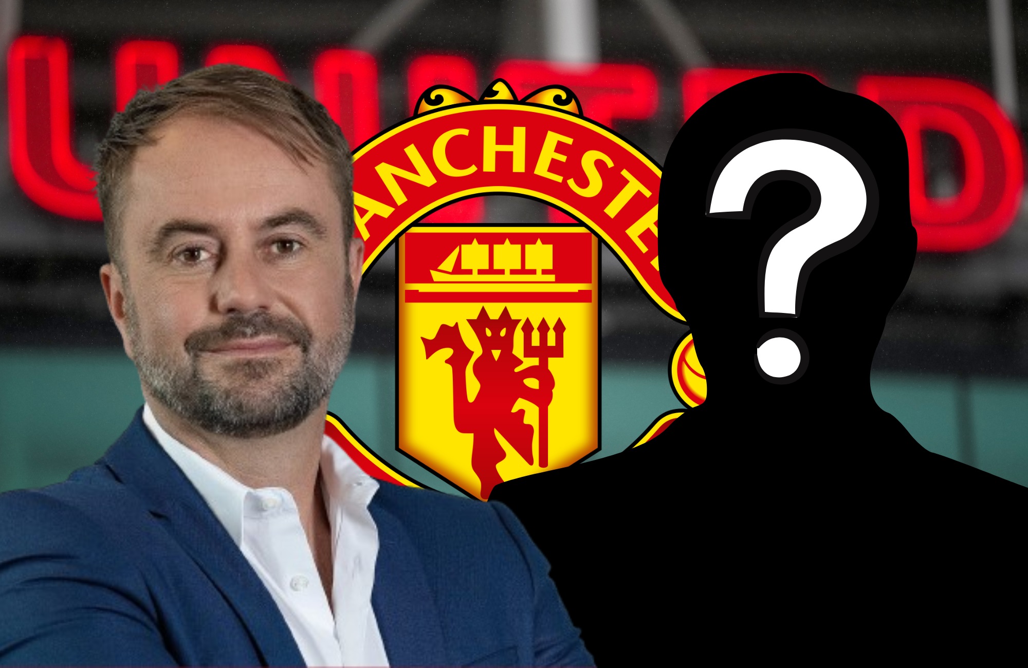 Christian Falk and a silhouette in front of Manchester United sign.