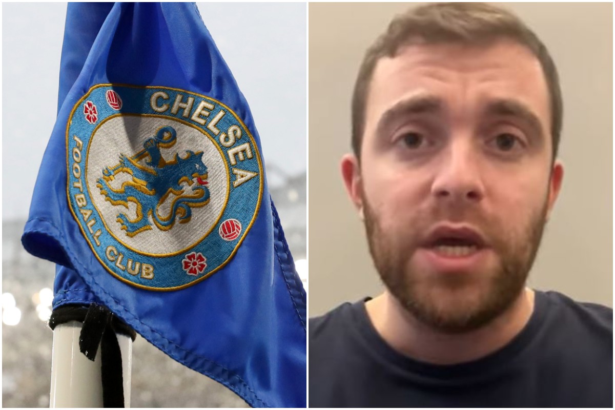 A Chelsea FC logo on a corner flag, and Fabrizio Romano speaking on YouTube