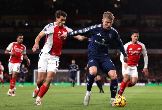 Jakub Kiwior in action for Arsenal against Man United
