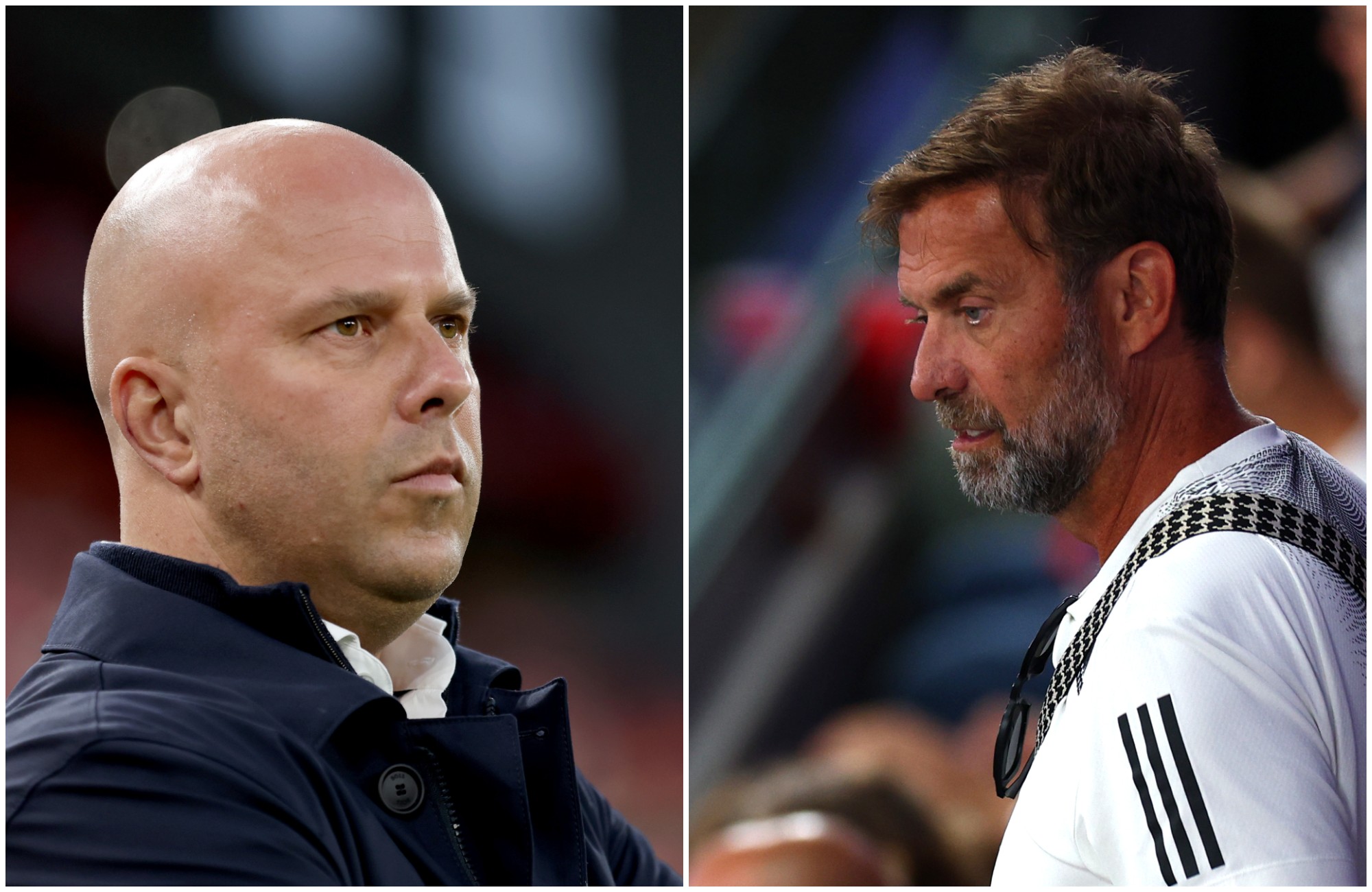 Arne Slot looks at former Liverpool manager Jurgen Klopp.