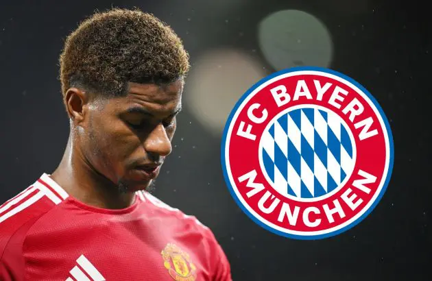 Marcus Rashford looks downcast at Old Trafford next to a Bayern Munich badge.