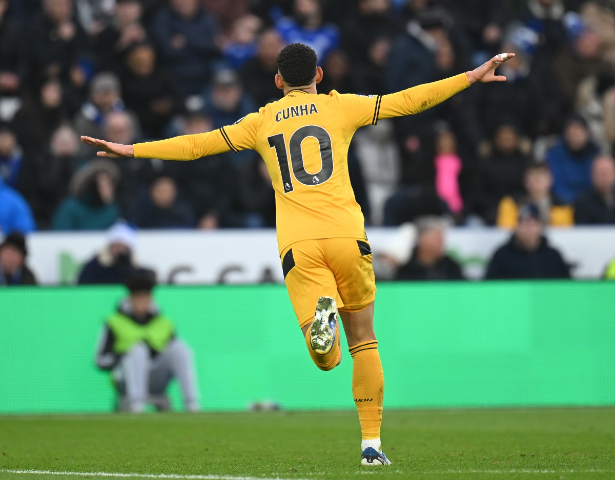 Matheus Cunha celebrates a goal for Wolves