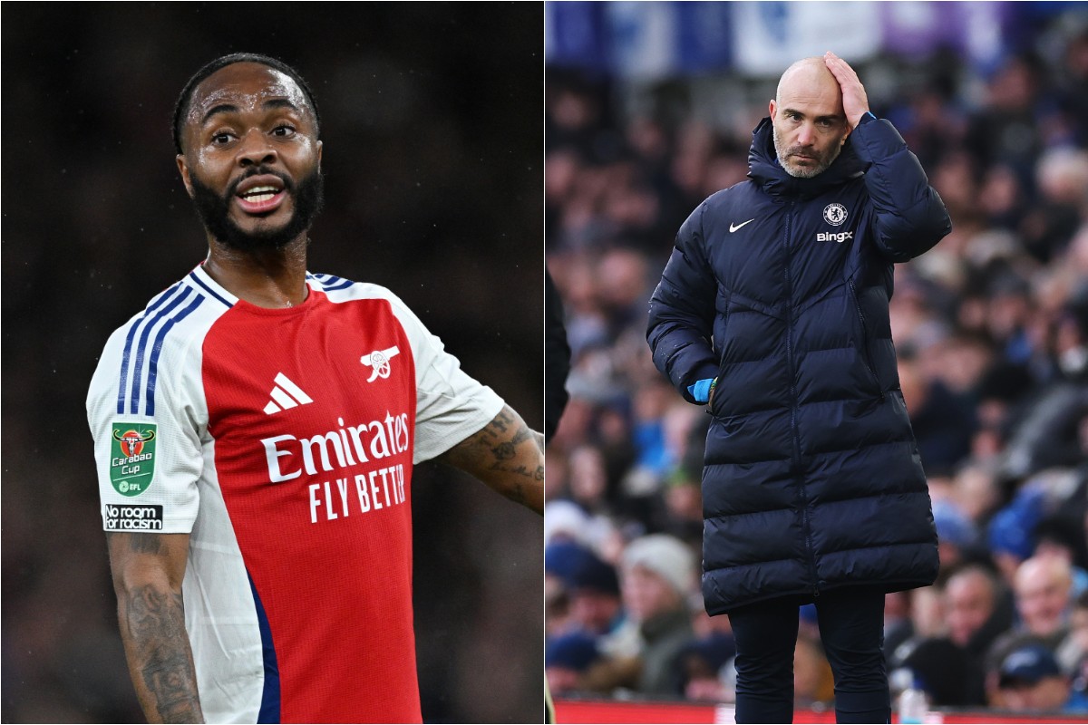 Raheem Sterling of Arsenal and Chelsea manager Enzo Maresca