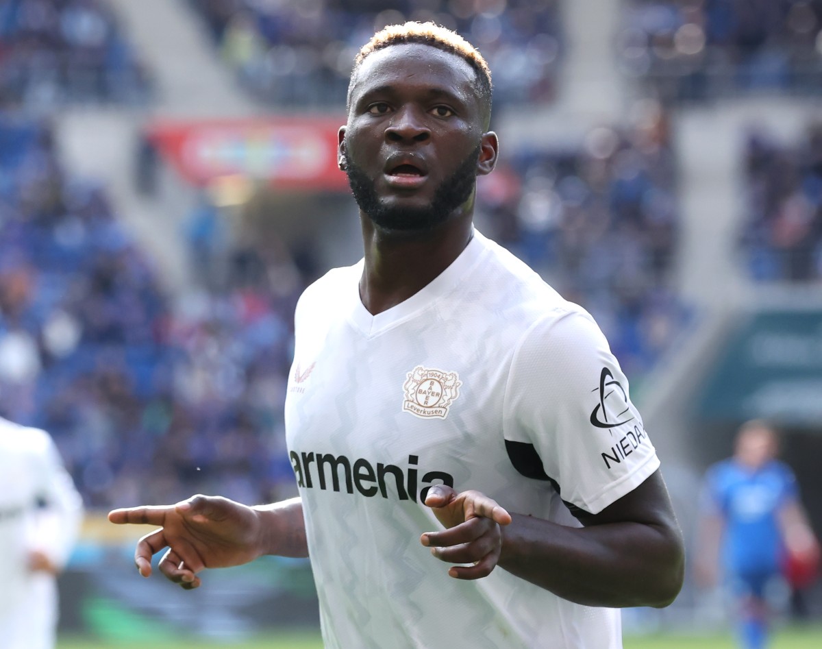 Victor Boniface celebrates a goal for Bayer Leverkusen