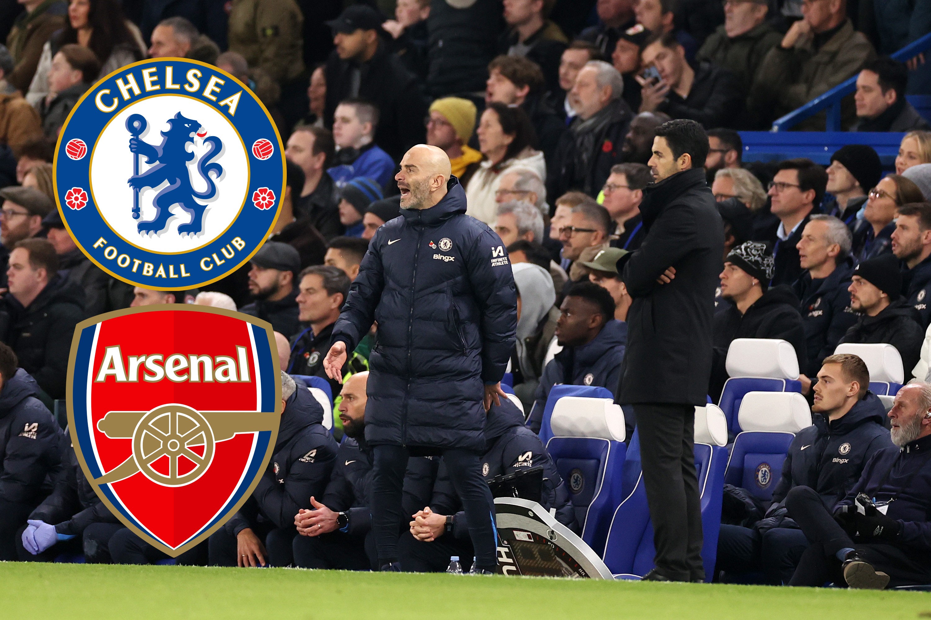 Enzo Maresca, Manager of Chelsea, reacts alongside Mikel Arteta, Manager of Arsenal