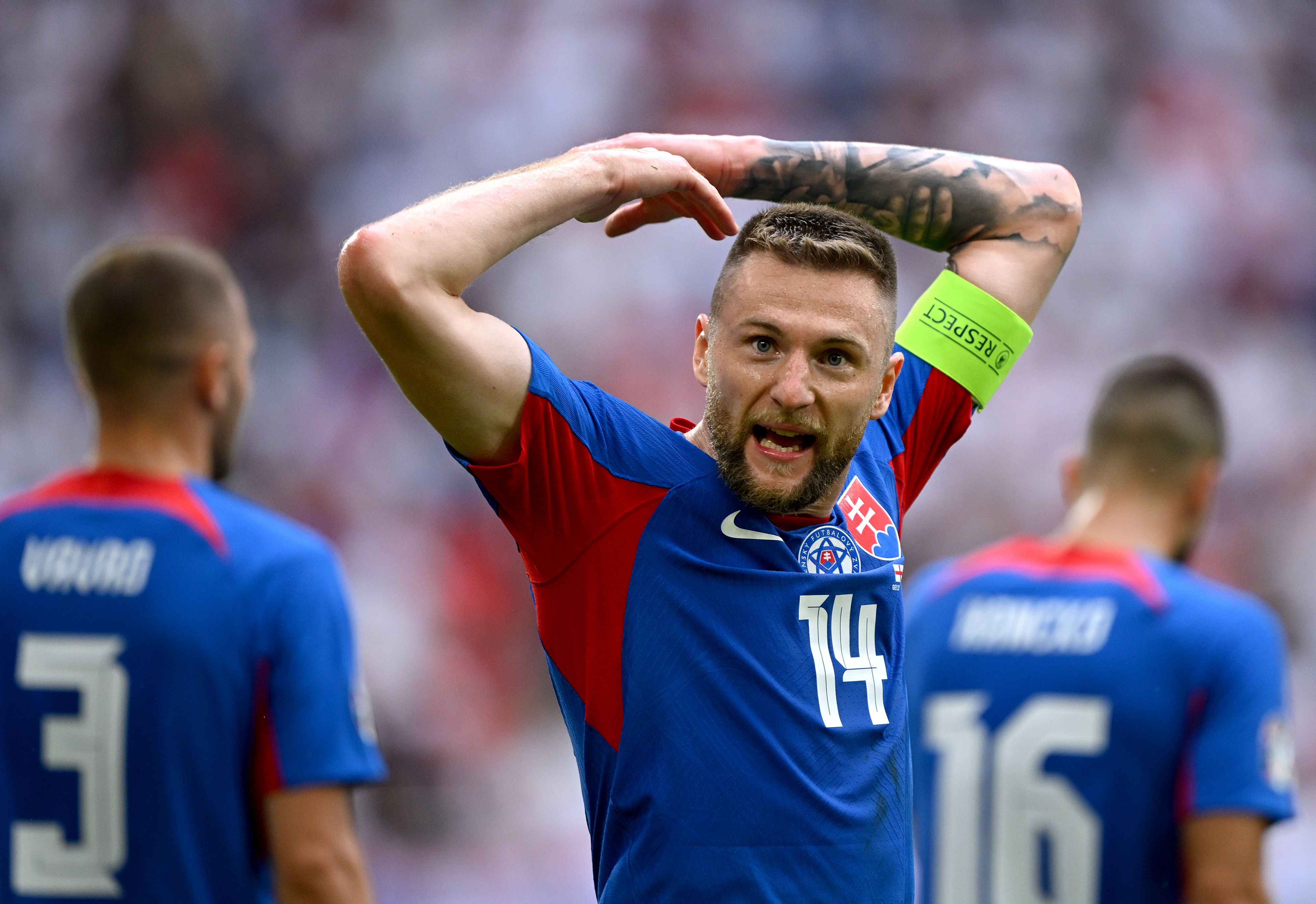 Milan Skriniar celebrates a goal for Slovakia