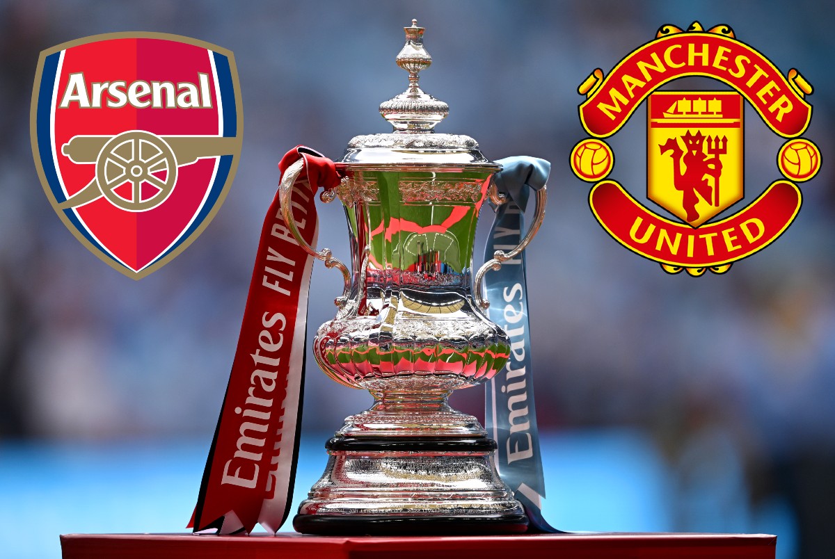 The FA Cup trophy with Arsenal and Manchester United club crests