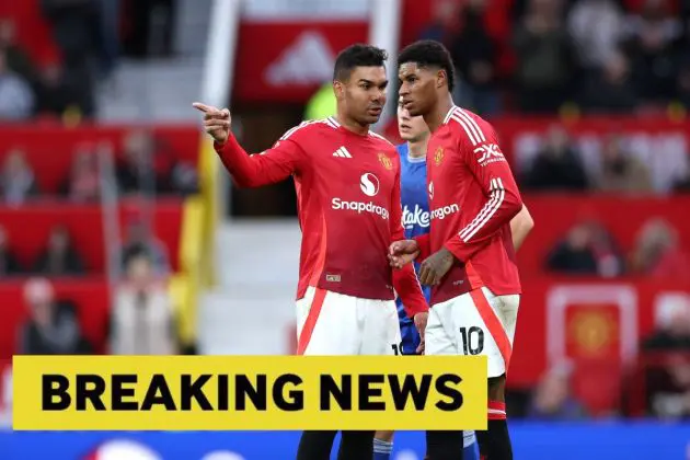 Casemiro and Marcus Rashford talking during Manchester United's game against Everton