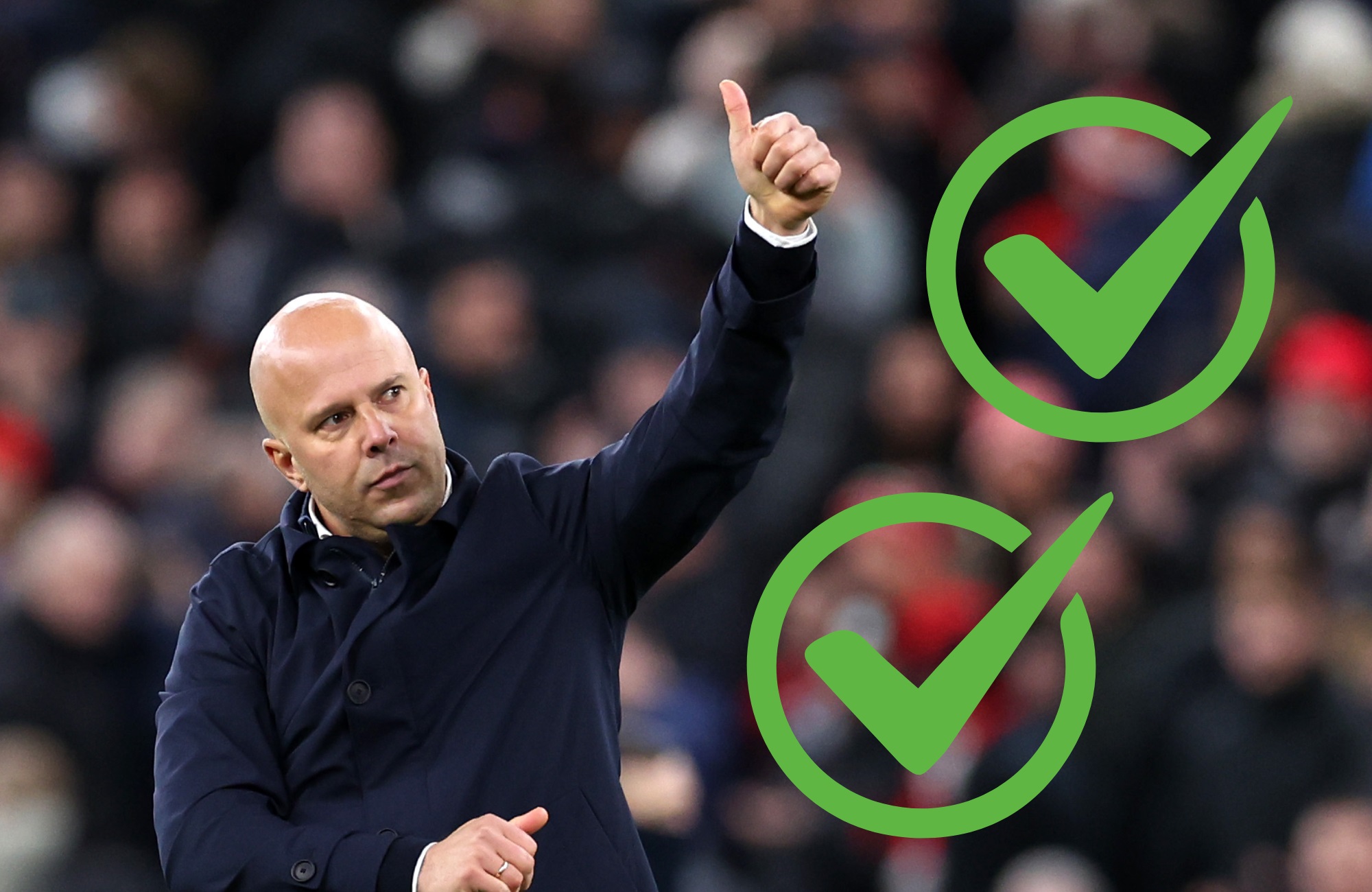 Arne Slot holds a thumbs up next to two checkmarks.