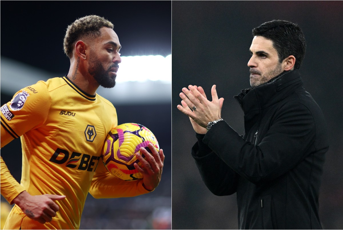 Matheus Cunha carrying the ball and Mikel Arteta clapping