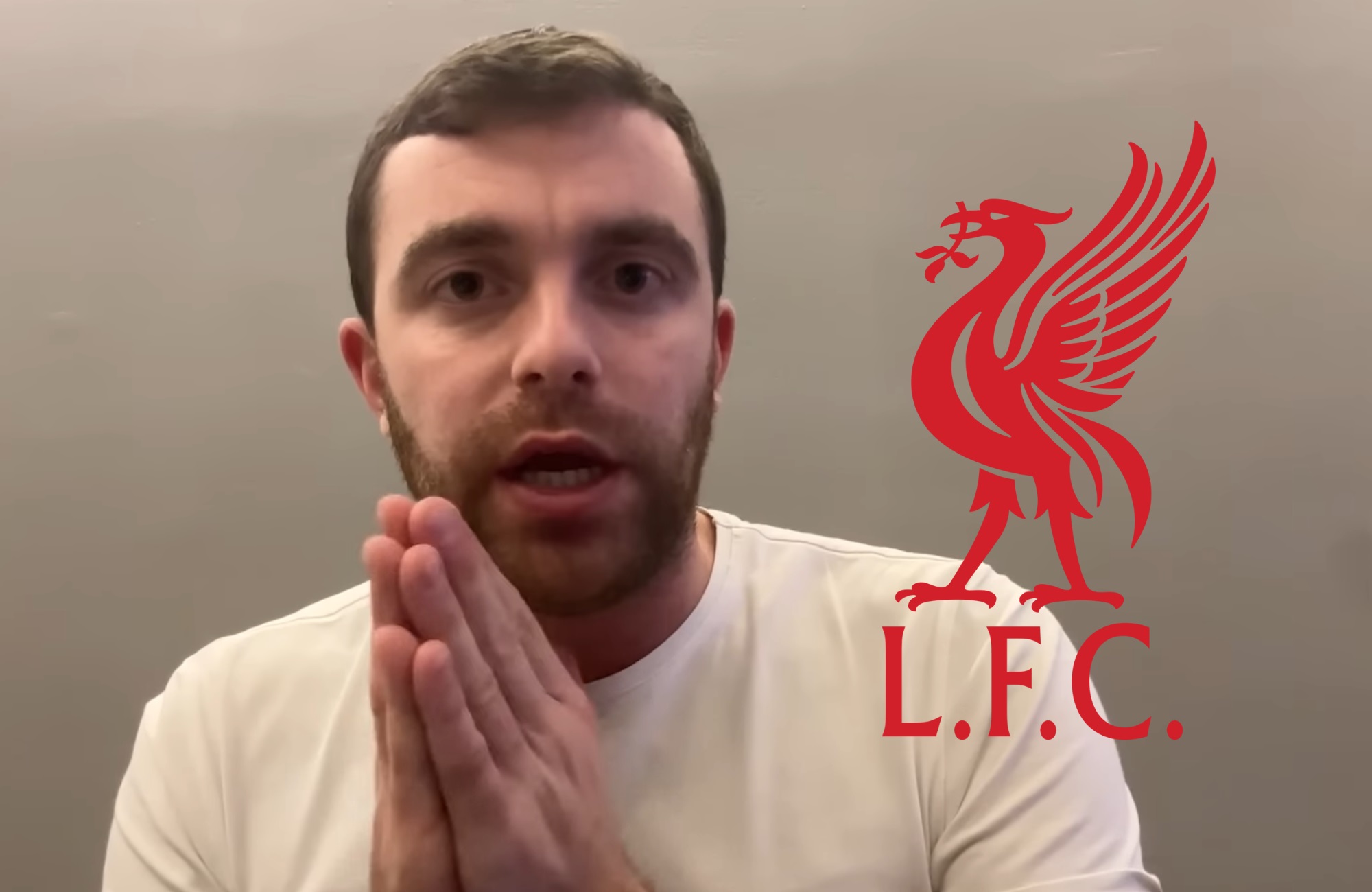 Fabrizio Romano holds his hands together next to Liverpool club badge.