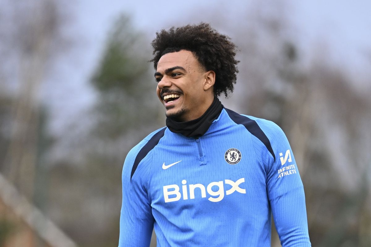 Renato Veiga smiles during training for Chelsea