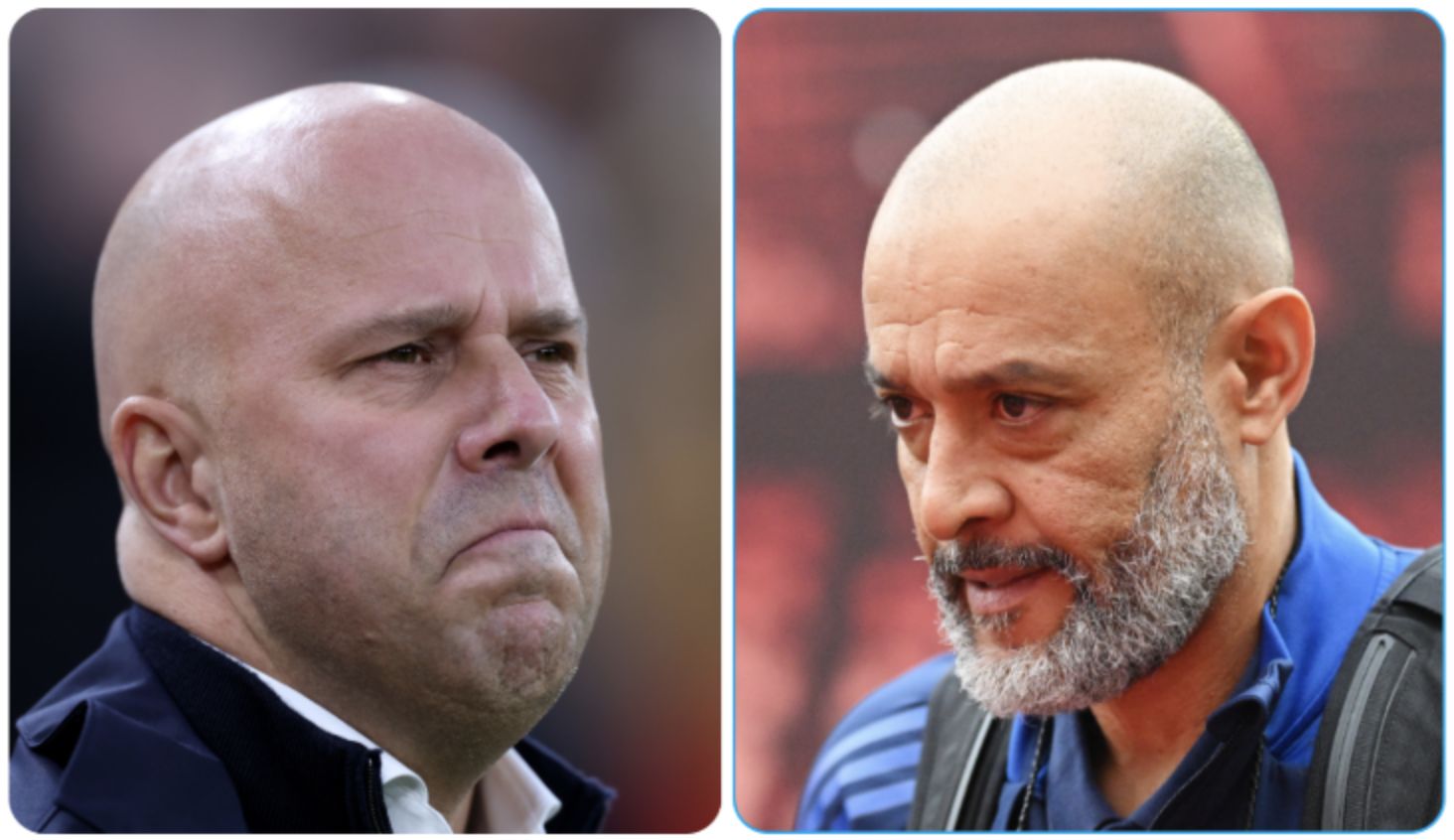 A composite image of Arne Slot and Nuno Espirito Santo.