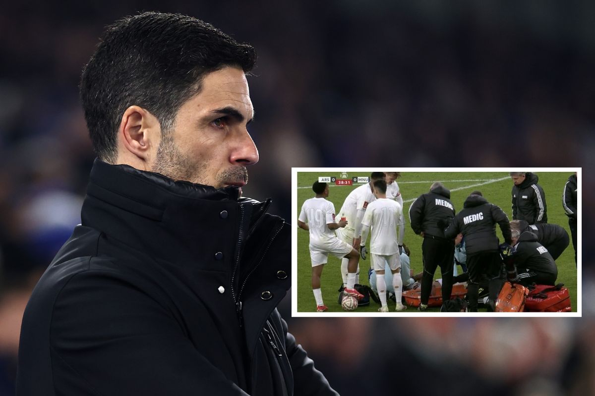 Mikel Arteta, Manager of Arsenal, looks on while an attached image shows Gabriel Jesus down and injured