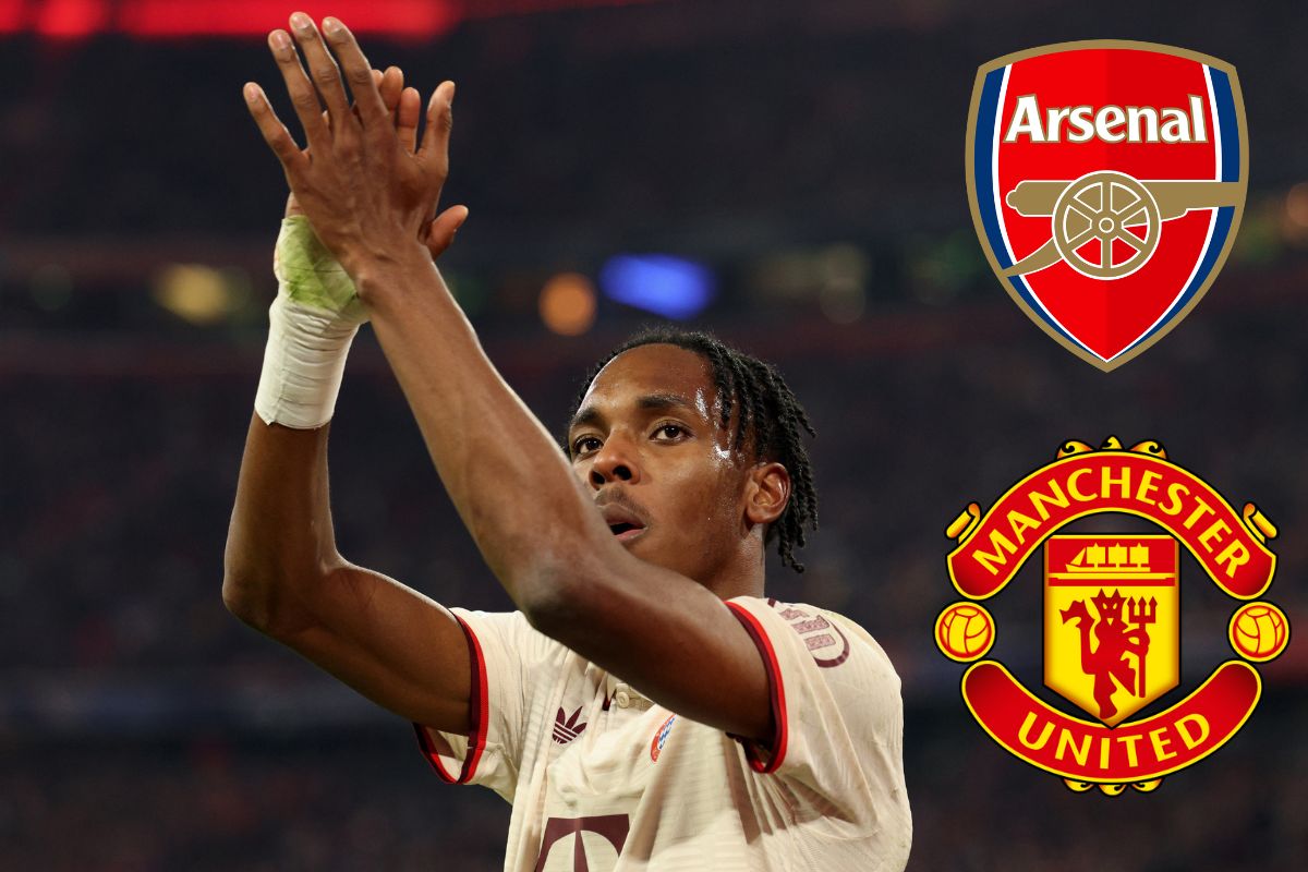 Mathys Tel applauds fans, with Arsenal and Man United badge attached